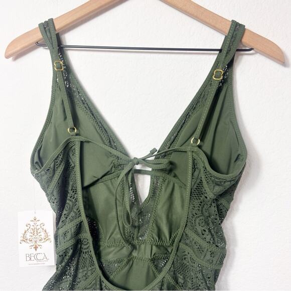 BECCA COLOR PLAY PLUNGE ONE PIECE CROCHET BOHO SWIMSUIT SAGE GREEN LARGE NEW - Picture 5 of 6